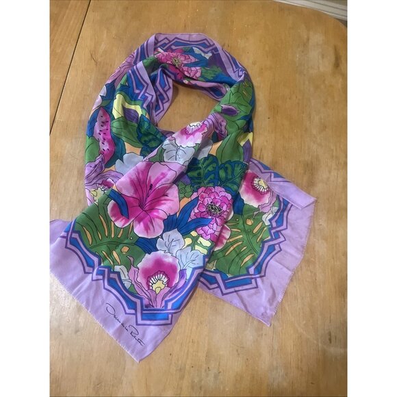 Oscar De La Renta VibrantPurple Silk Floral  Hand Rolled Women’s Scarf 12x50 In - Picture 1 of 6